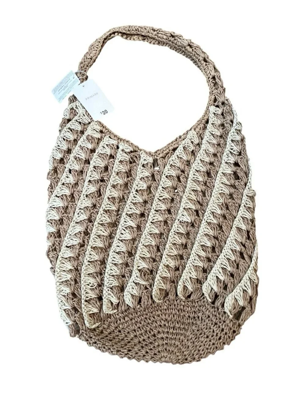 Beige Straw Beach Bag Double Handles Shoulder Woven Tote Primark Striped NWT